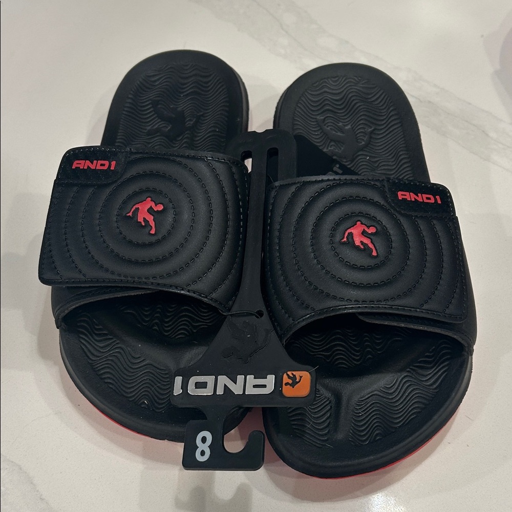 NWT AND1 Black Slides with Red Accents size 7 & 8 available